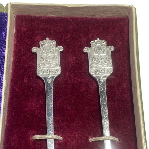 VTG USSR Soviet Volga Silver Gold Plated Cupronickel Melchior Spoon 2pc Gift Box - Picture 5 of 9